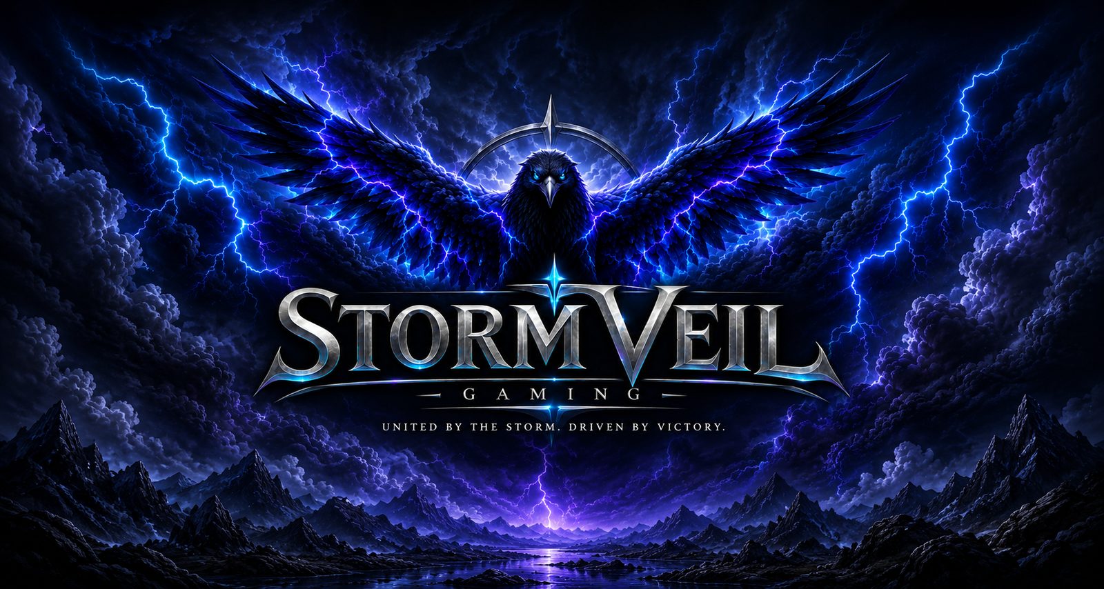 The Storm Veil Gaming emblem — a storm raven with lightning-lit wings above the Storm Veil Gaming wordmark and the line 'United by the storm. Driven by victory.'