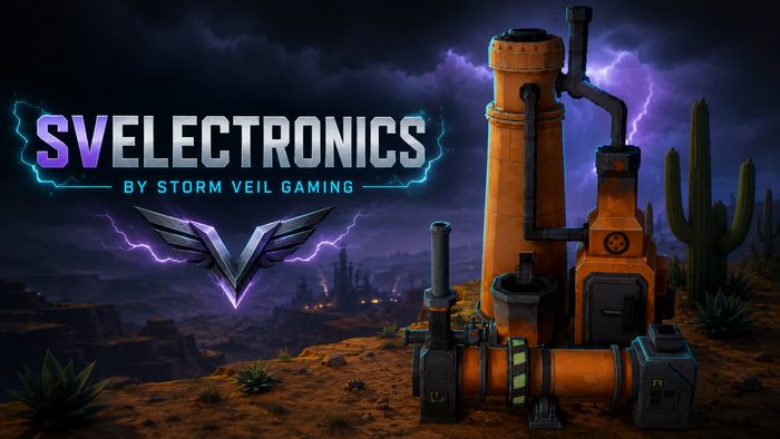 SV Electronics key art showing industrial machinery under a lightning storm